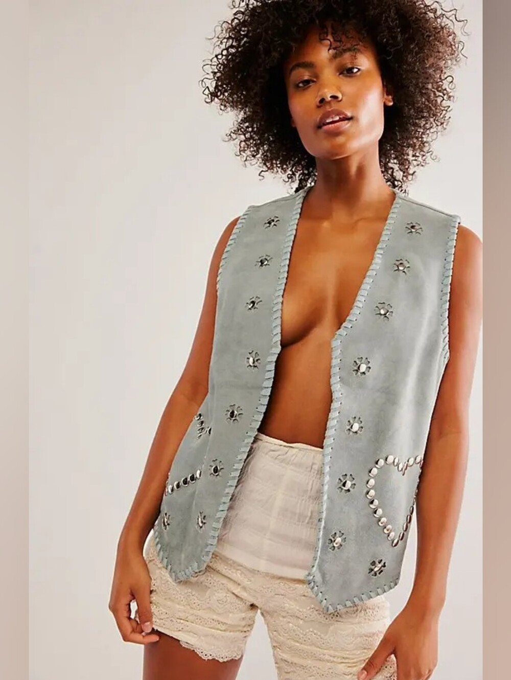 NWT Understated Leather x Free People 100% Suede Heart Stud Vest, Gray Blue, XS - Picture 2 of 9